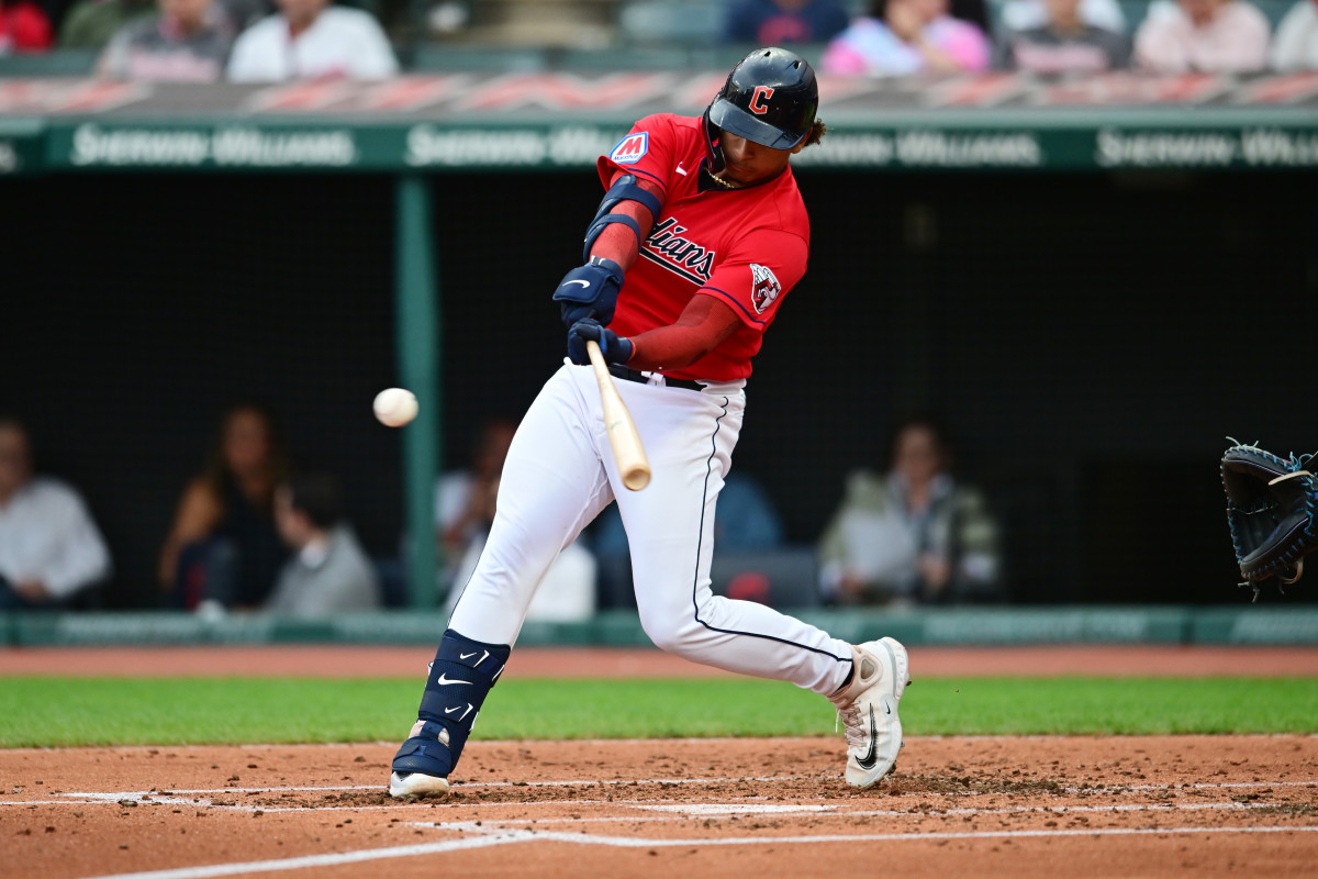 Sep 16, 2023; Cleveland, Ohio, USA; Cleveland Guardians catcher Bo Naylor (23) hits a single during the second inning against the Texas Rangers at Progressive Field.